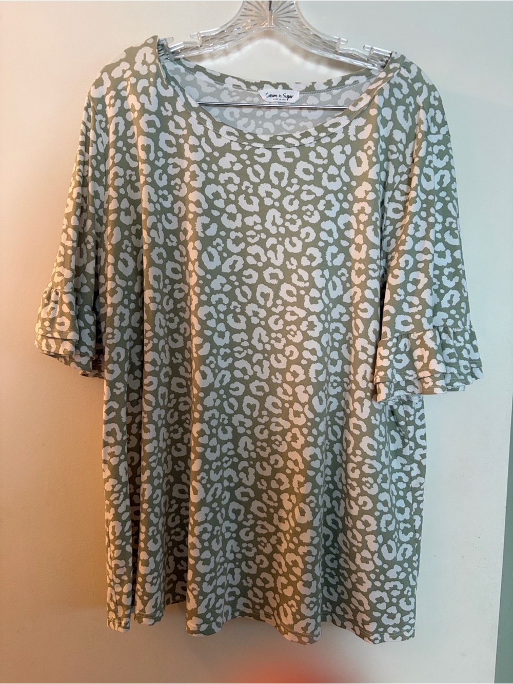 Olive Leopard Print Scoop Neck Top by Cream and Sugar Brand Soft stretchy fabric